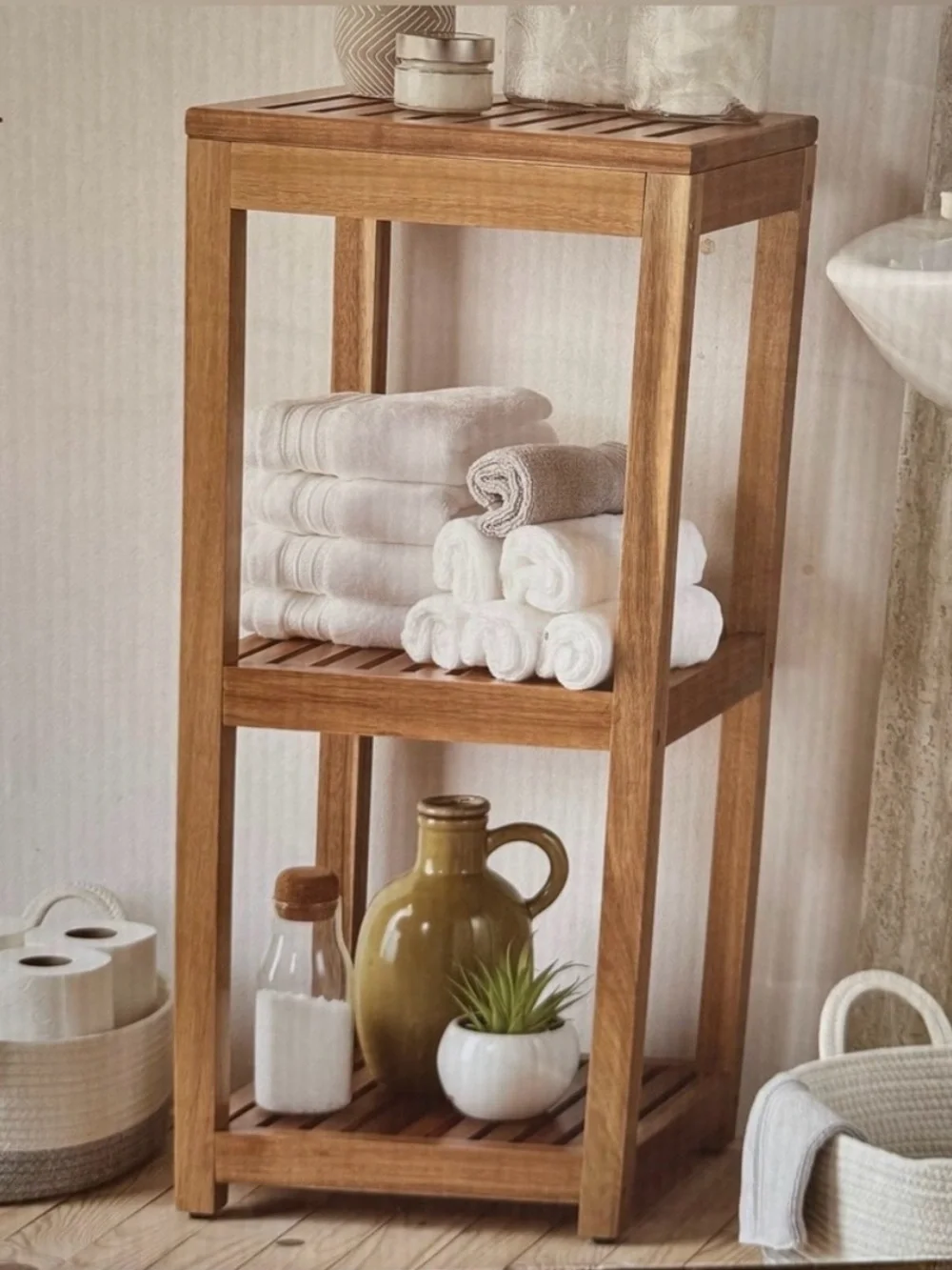 Mesa 3 Tier Acacia Storage Tower Wooden Bathroom Shelf - Natural Brown Brand New